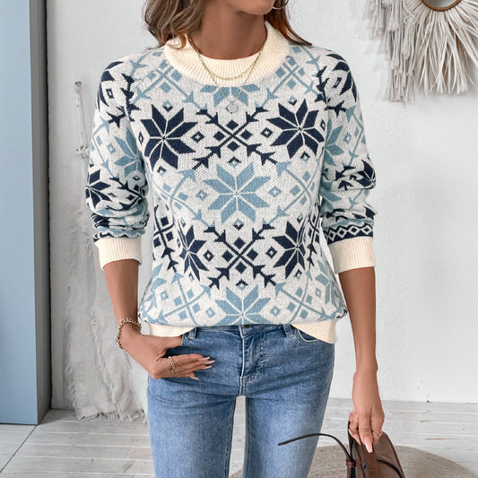 Retro Nordic Style Long Sleeve Round Neck Snowflake Geometric Pattern Sweater