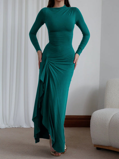 Fashionable Solid Color Round-neck Slim-fit Dress With An Irregular Slit
