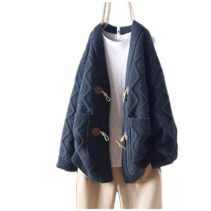 Loose Western Style All-match Horn Button Sweater For Women