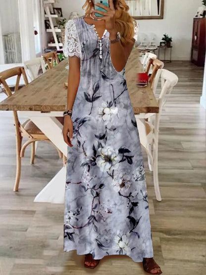 Printed Lace Sleeve Short Sleeve Dress