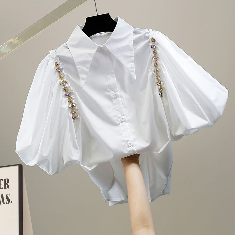 Diamond Decorated Sweet Big Bubble Sleeve Short Sleeve