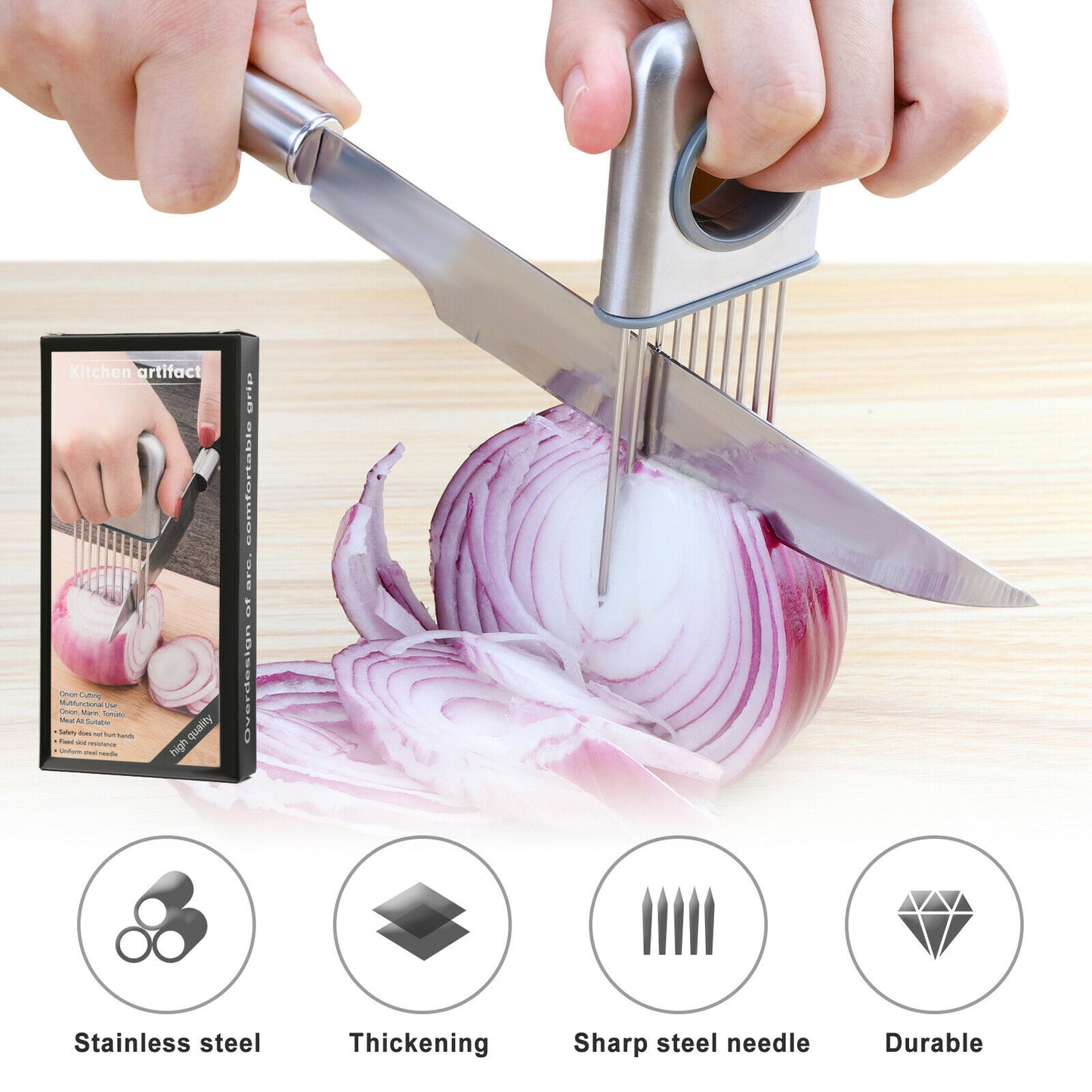 Stainless Steel Onion Holder & Slicer | Safe Tomato & Vegetable Cutting Guide