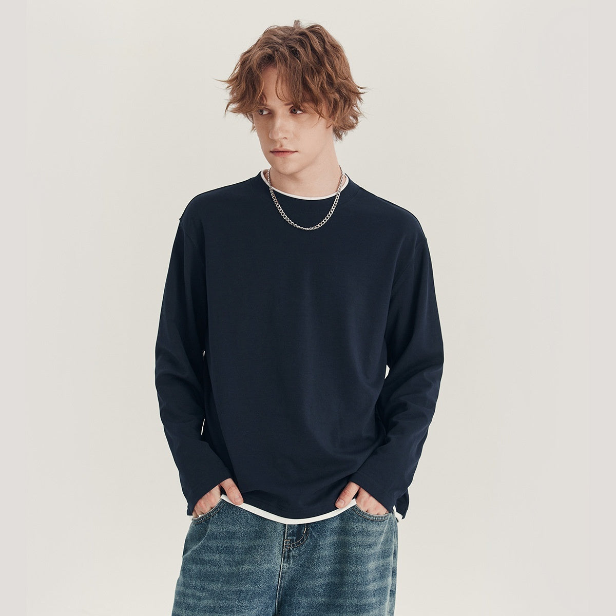 Men's Long-sleeved T-shirt Loose Round Neck Contrast Color Top