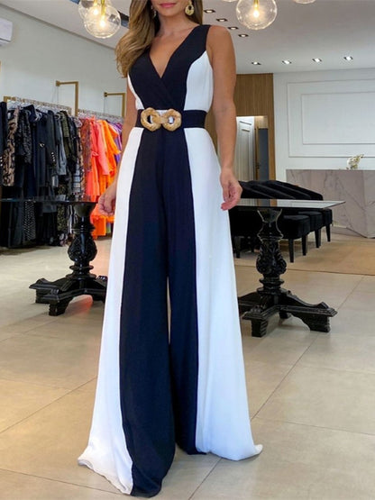 Women's Sleeveless Color Matching Jumpsuit Without Belt