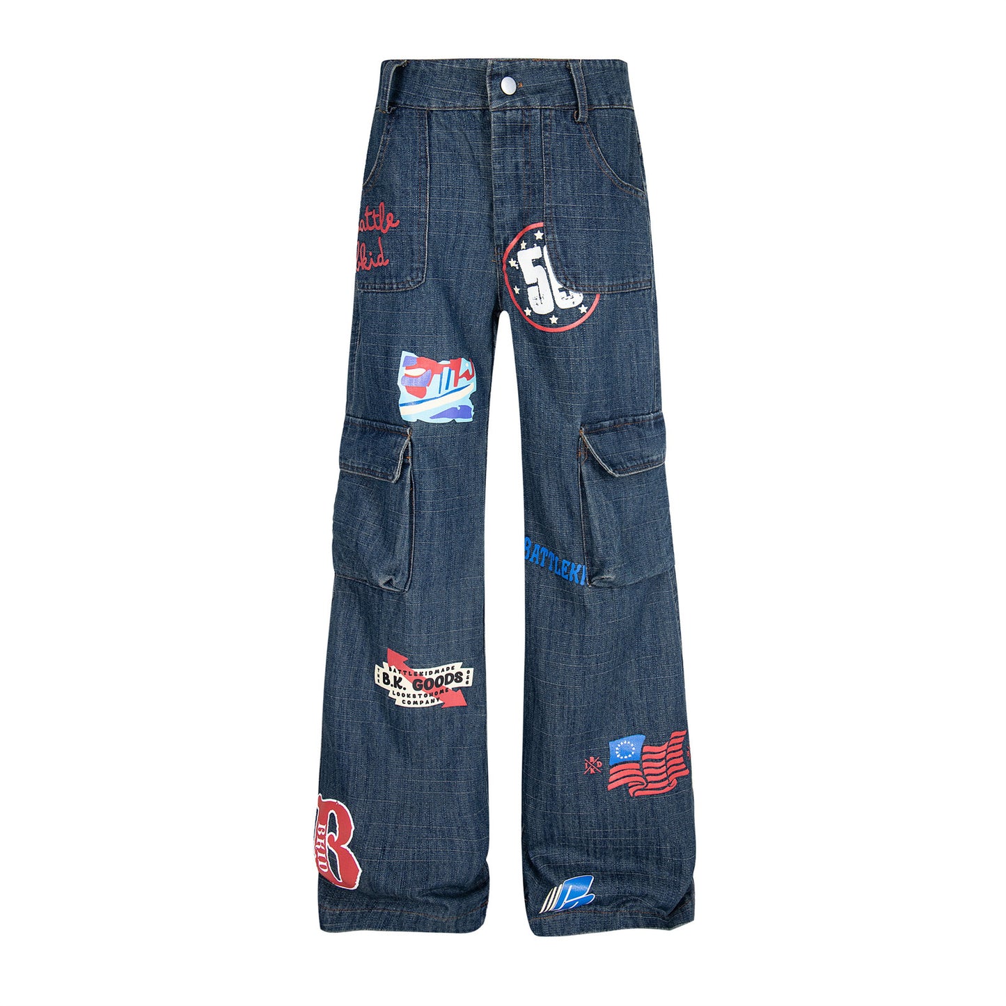 Pattern Dark Flower Funny Multi-pocket Loose And Idle Sense Jeans For Men And Women