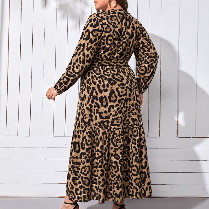 V-neck Leopard Print Printed Casual Long Dress