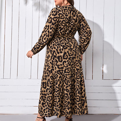V-neck Leopard Print Printed Casual Long Dress