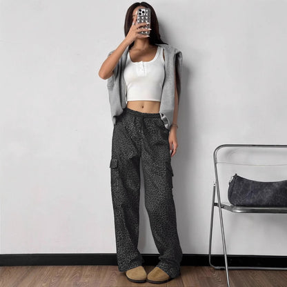 Printing Stylish Multi-pocket Street Overalls Loose-fit Tappered Trousers