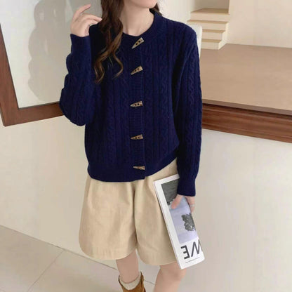 Thickened Lazy Western Style Horn Button Red Cable-knit Sweater