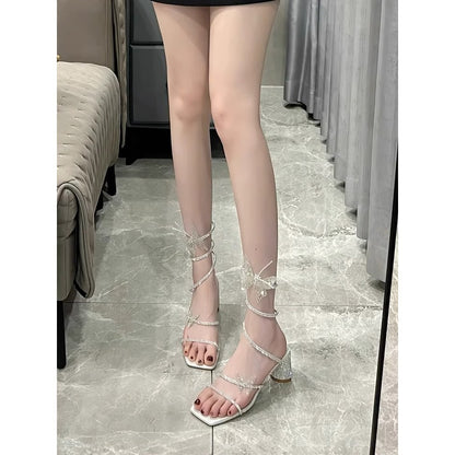 Bow Rhinestone High-heeled Sandals Women's Open Toe Roman High Heels