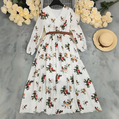 Temperament V-neck Long Sleeve Printed Dress For Woman