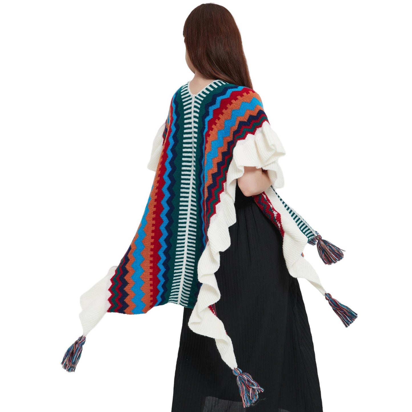 European And American Spring Autumn And Winter Ladies Travel Ethnic Style Ruffled Knitted Shawl
