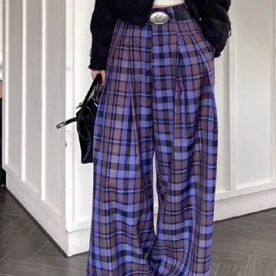 Hong Kong Style Retro Trendy Purple Plaid Casual Pants