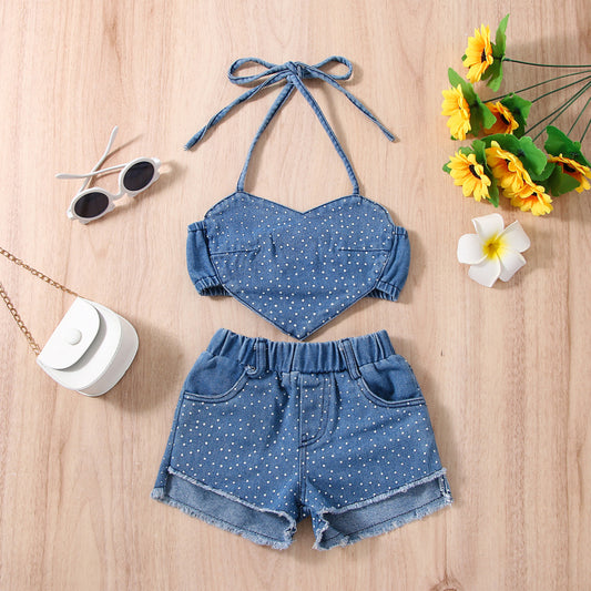 The Signature Set: Girls’ Denim Top & Shorts Suit