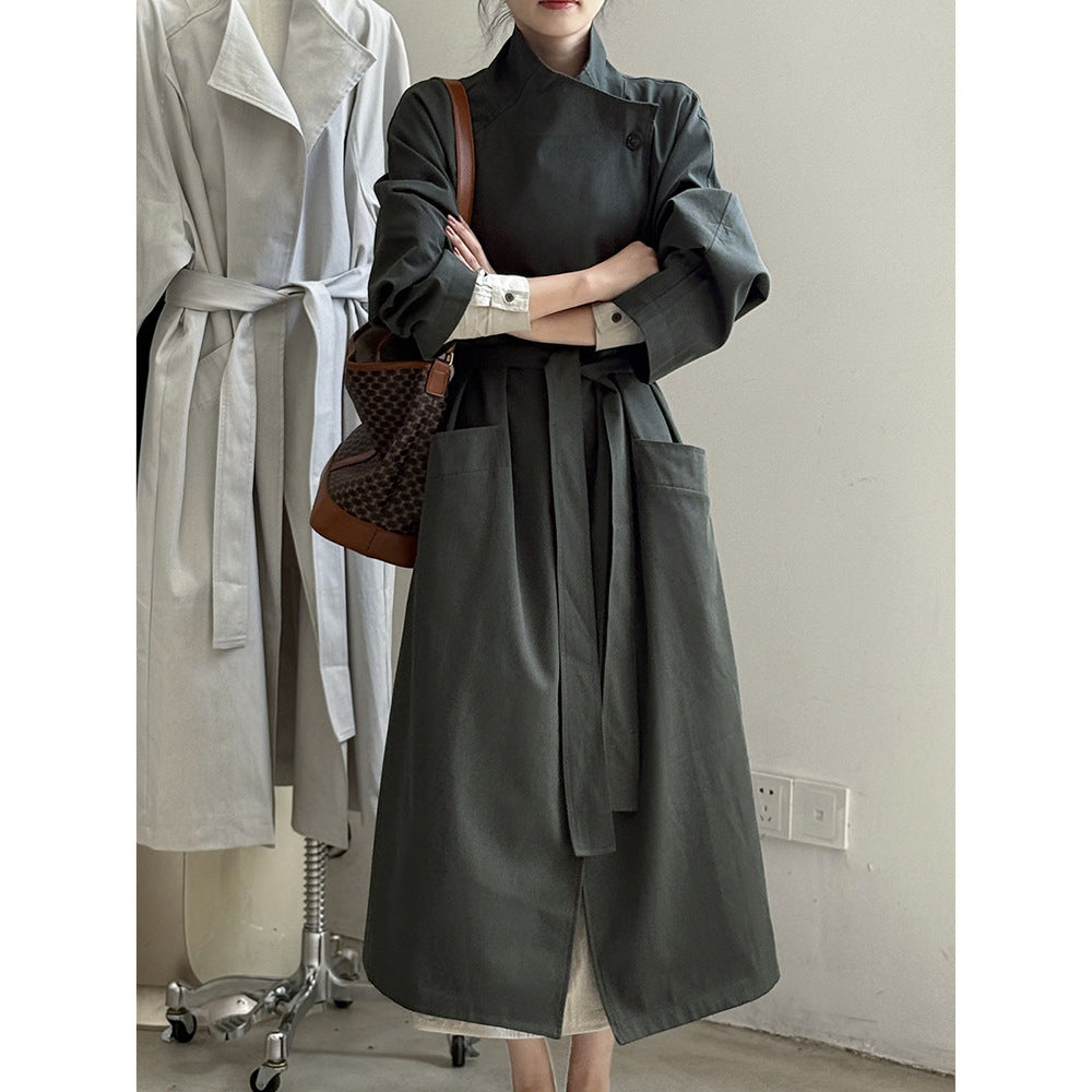 Retro Lapels One Button Mid-length Trench Coat Women's Belt Coat