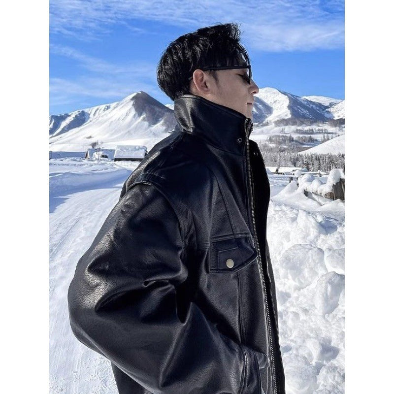 Jacket Leather Coat Autumn Winter Mens Trendy Handsome Fleece Thickened Pilot Motorcycle Plus Size Rugged Adventure