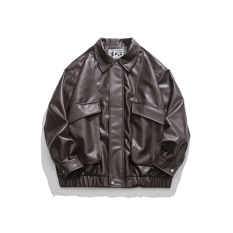 American Retro Street Trend Lapel PU Leather Jacket for Men Cultural Icon