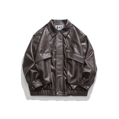 American Retro Street Trend Lapel PU Leather Jacket for Men Cultural Icon