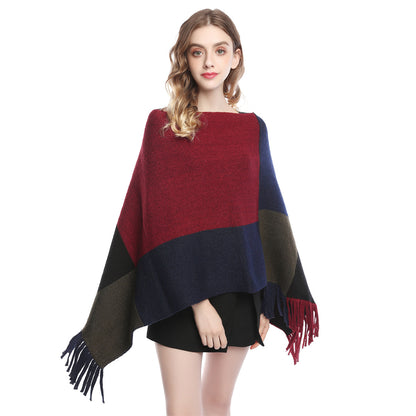 Fashion Women's Wear Color Contrast Patchwork Shawl Cape Knitted