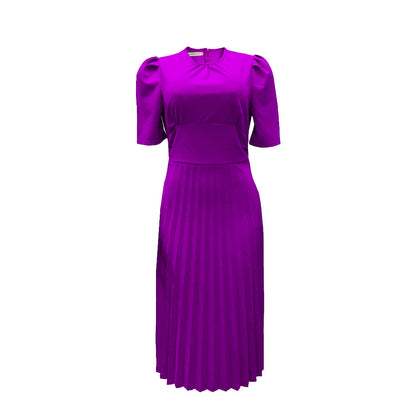 Ladies Short Sleeve Pleated Solid Color Dress