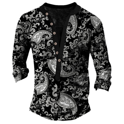 Heritage Retro Henry Neck Printed Long Sleeve T-Shirt