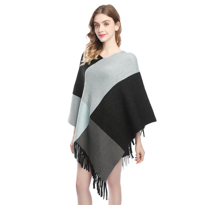 Fashion Women's Wear Color Contrast Patchwork Shawl Cape Knitted