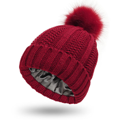 Faux Fur Pom-Pom Beanie Hat | Women's Fleece-Lined Stretchy Knit Winter Skull Cap