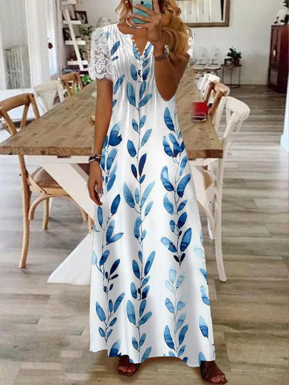 Printed Lace Sleeve Short Sleeve Dress