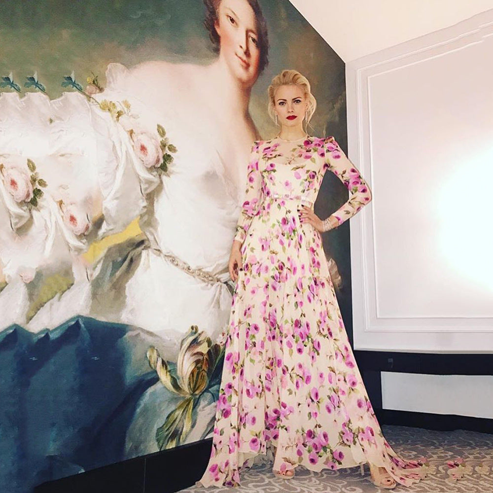 2025 New European And American Foreign Trade Women's Clothing Amazon Printed Large Swing Dress Slit Fashionable Long Dress Beach Dress