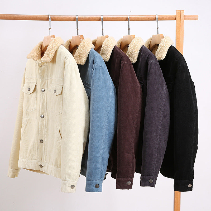 Mens Corduroy Workwear American Retro Lapels Jacket Heavy Imitation Lamb Wool Thickened Cotton-Padded Heritage Labor