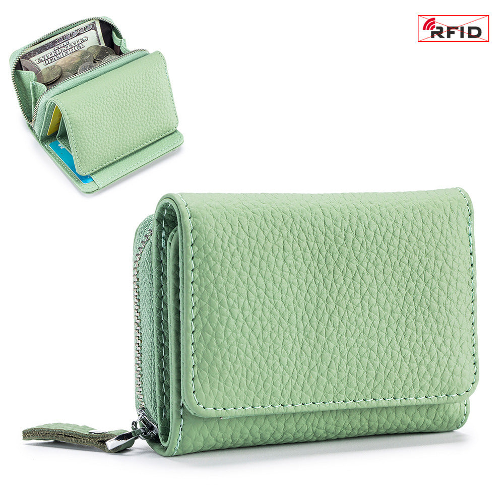 Women's Leather Tri-fold Mini RFID Wallet Large Capacity Storage Bag