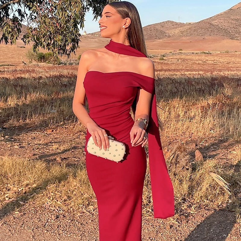 Women's Slim Fit Backless Ribbon One-shoulder Tube Top Dress