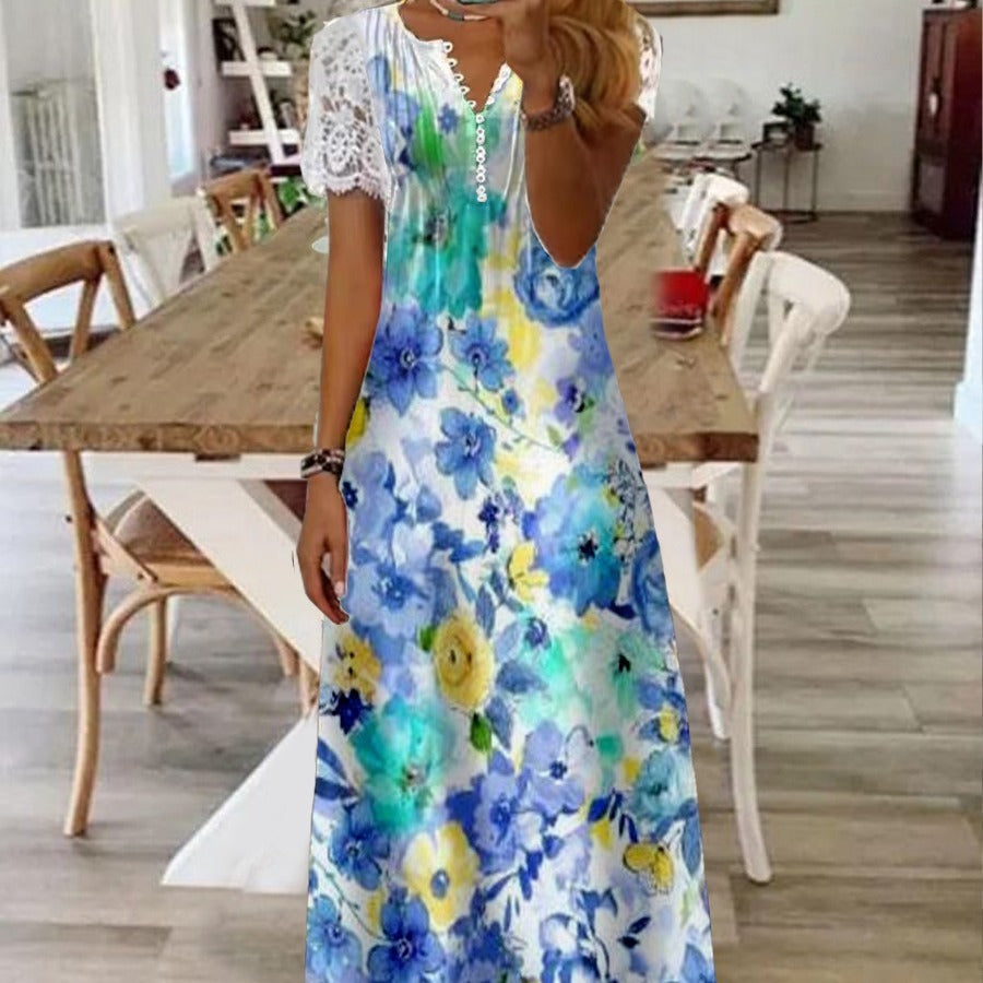 Printed Lace Sleeve Short Sleeve Dress