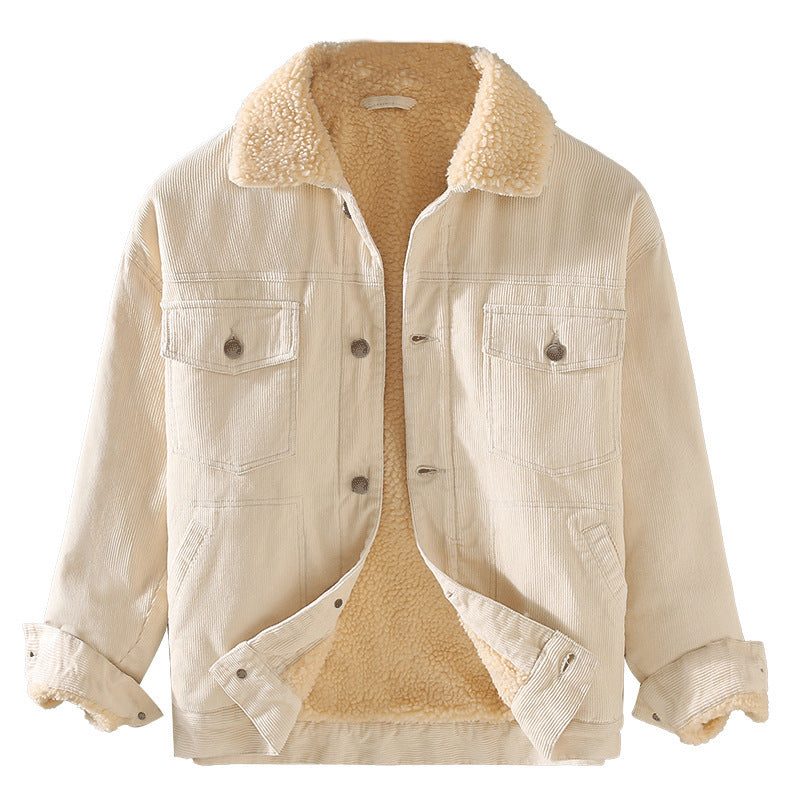 Mens Corduroy Workwear American Retro Lapels Jacket Heavy Imitation Lamb Wool Thickened Cotton-Padded Heritage Labor