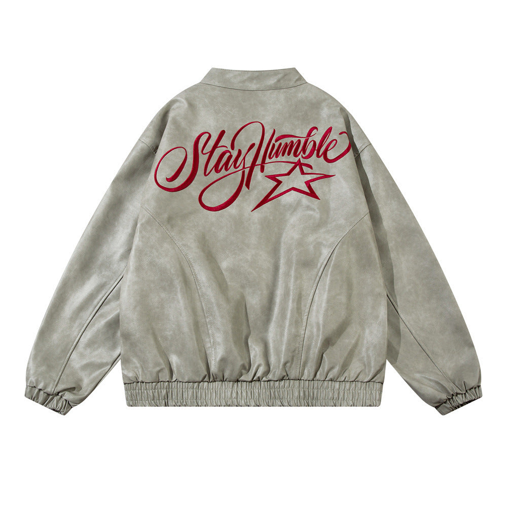 Mens Embroidered Letter Loose Leather Jacket Personalized Heritage