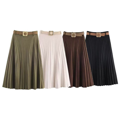 Fashionable Elegant With Belt Pleated Skirt
