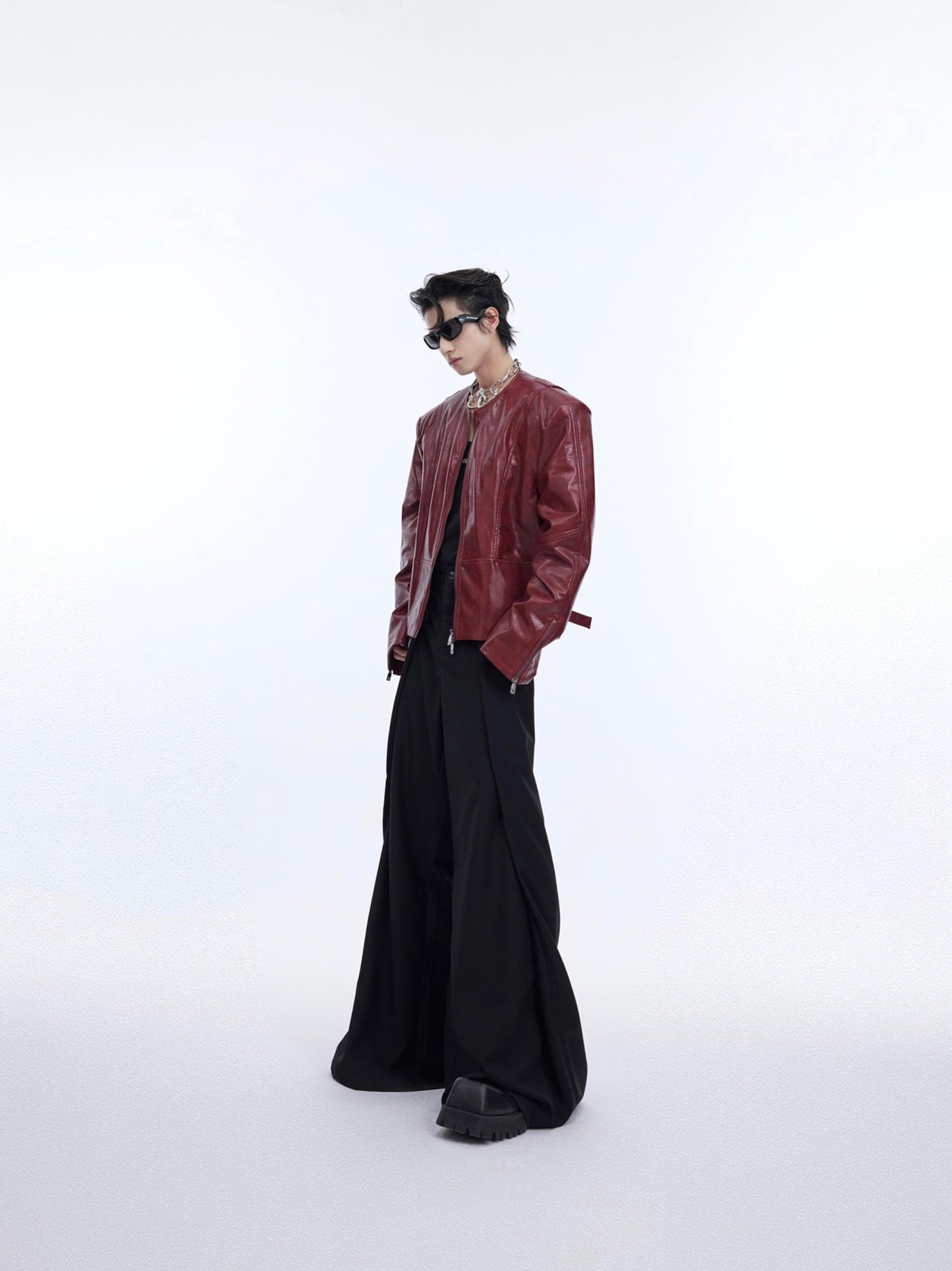 Texture Sense Padded Shoulder Leather Coat Men Sculpted Silhouette