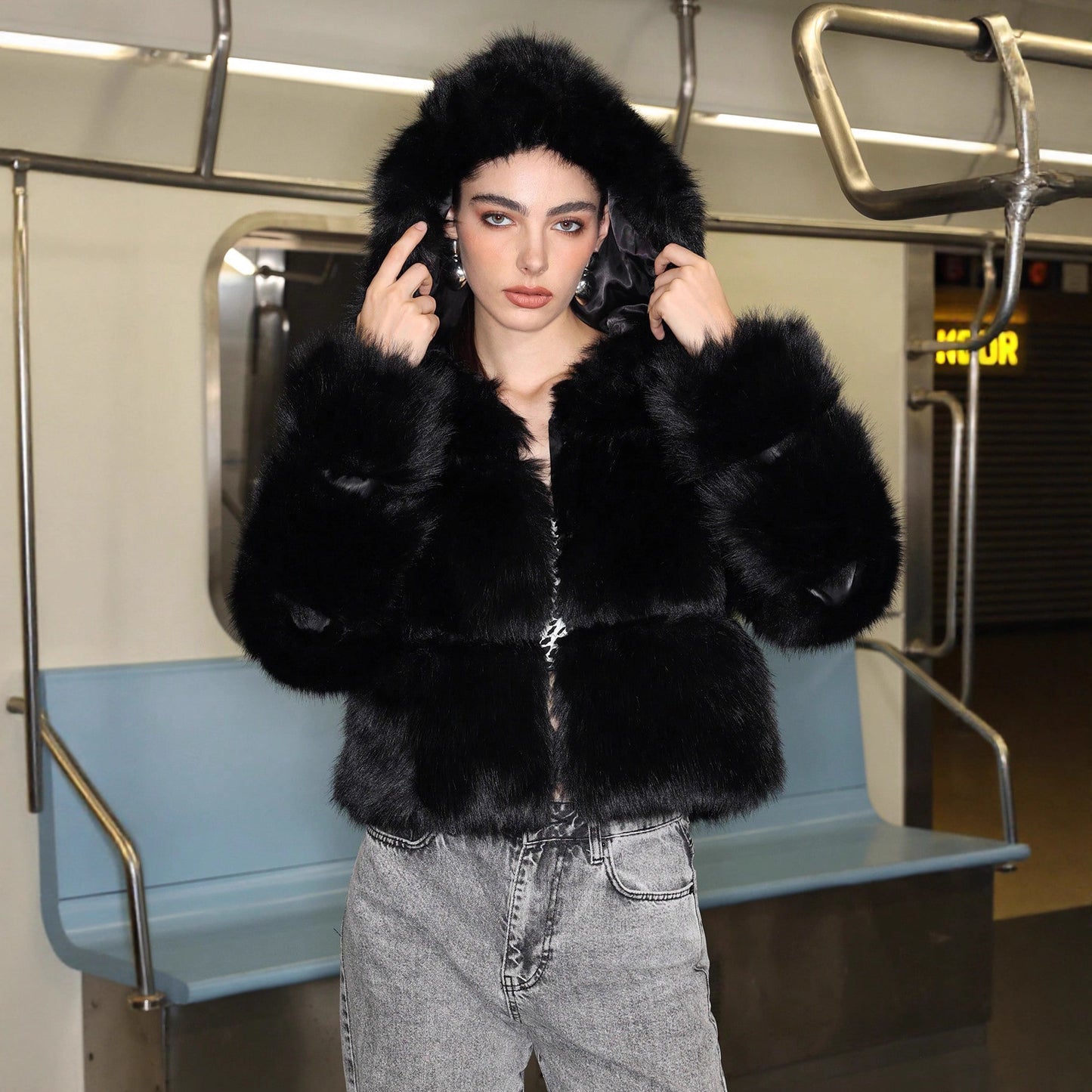 Black Faux Fur Short Hood Jacket