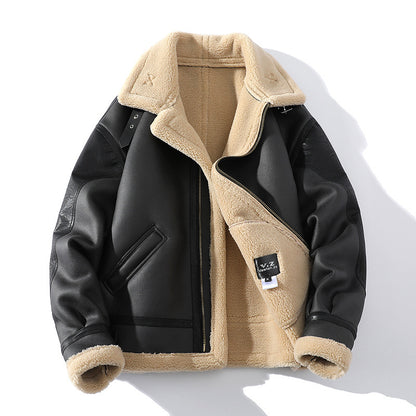 Winter Fleece-Lined Thickened Short Sheepskin Leather Coat Compact Warmth