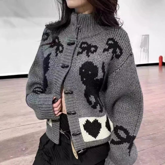 Pattern Stand Collar Knitted Coat For Women