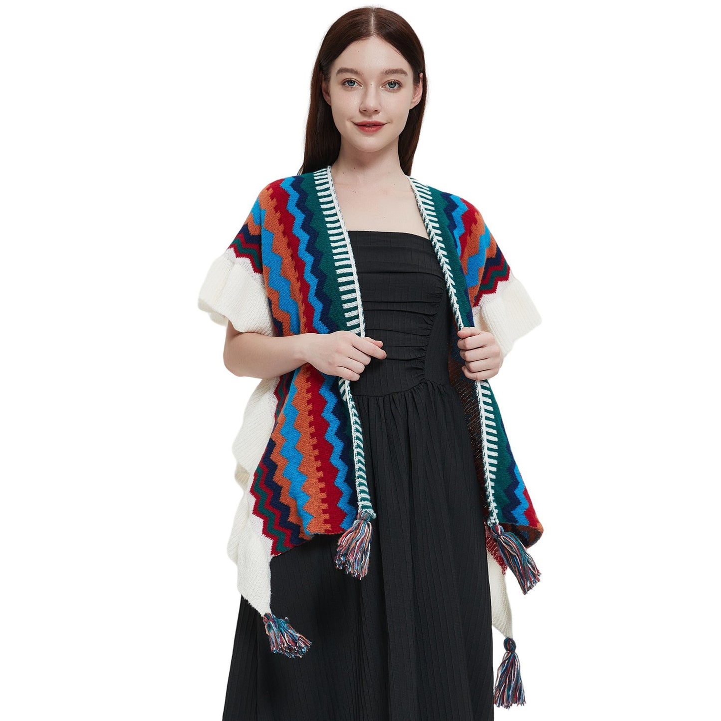 European And American Spring Autumn And Winter Ladies Travel Ethnic Style Ruffled Knitted Shawl