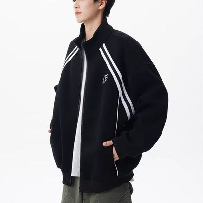 Stand Collar Color Block Stripe Loose Lazy American Style Jacket Bold Pattern Play