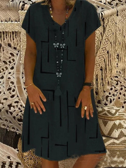 Ladies short sleeve dress loose leaf print