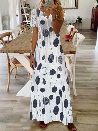 Printed Lace Sleeve Short Sleeve Dress