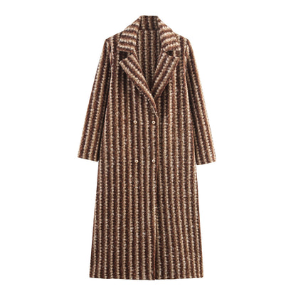 Autumn And Winter Women's British Style Woolen Striped Wide Coat