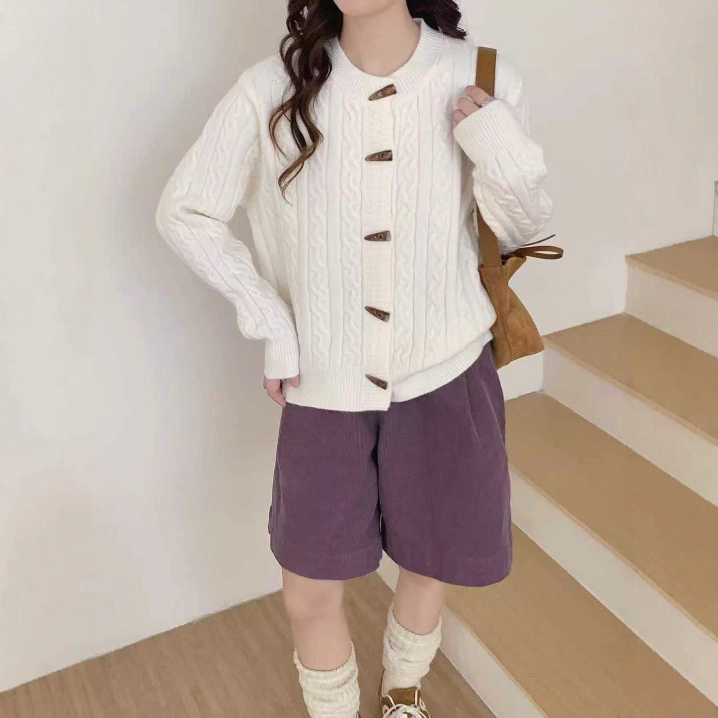 Thickened Lazy Western Style Horn Button Red Cable-knit Sweater