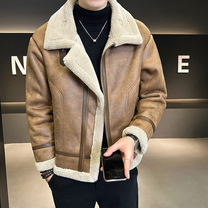 Fur Integrated Motorcycle Jacket Mens Fleece-Lined Thickened Leather Opulent Protection