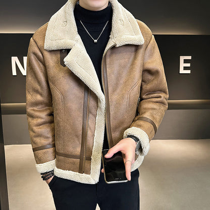 Fur Integrated Motorcycle Jacket Mens Fleece-Lined Thickened Leather Opulent Protection