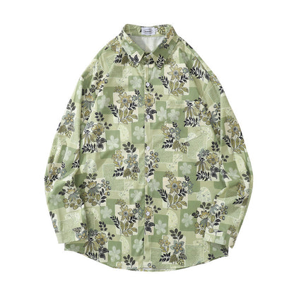Japanese Retro Floral Full Print Long Sleeve Shirt For Men