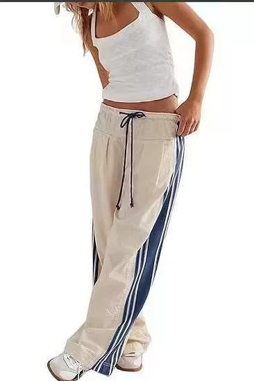 Pants With Extended Length, Contrasting Drawstring, Harem Street Style, Loose Casual Fit, With Thin Side Stripes
